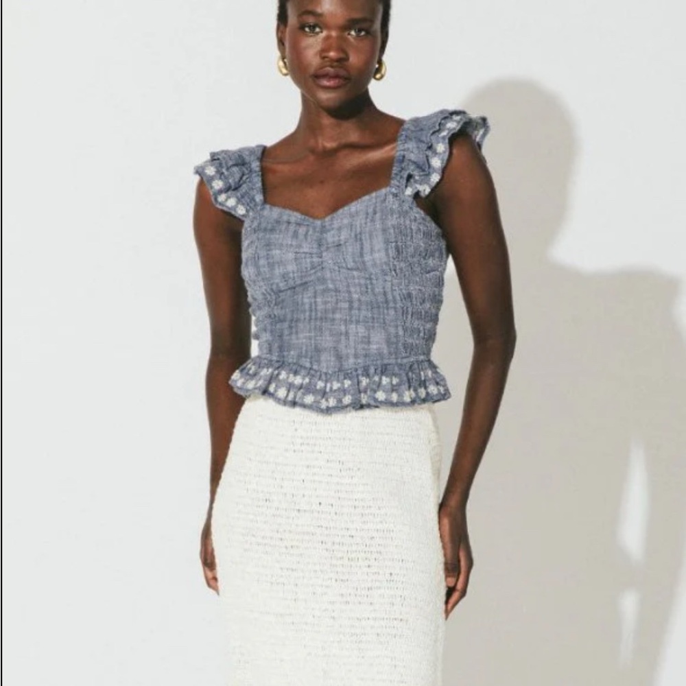 Cleobella Chic Blue Ruffle Top and White Skirt Set